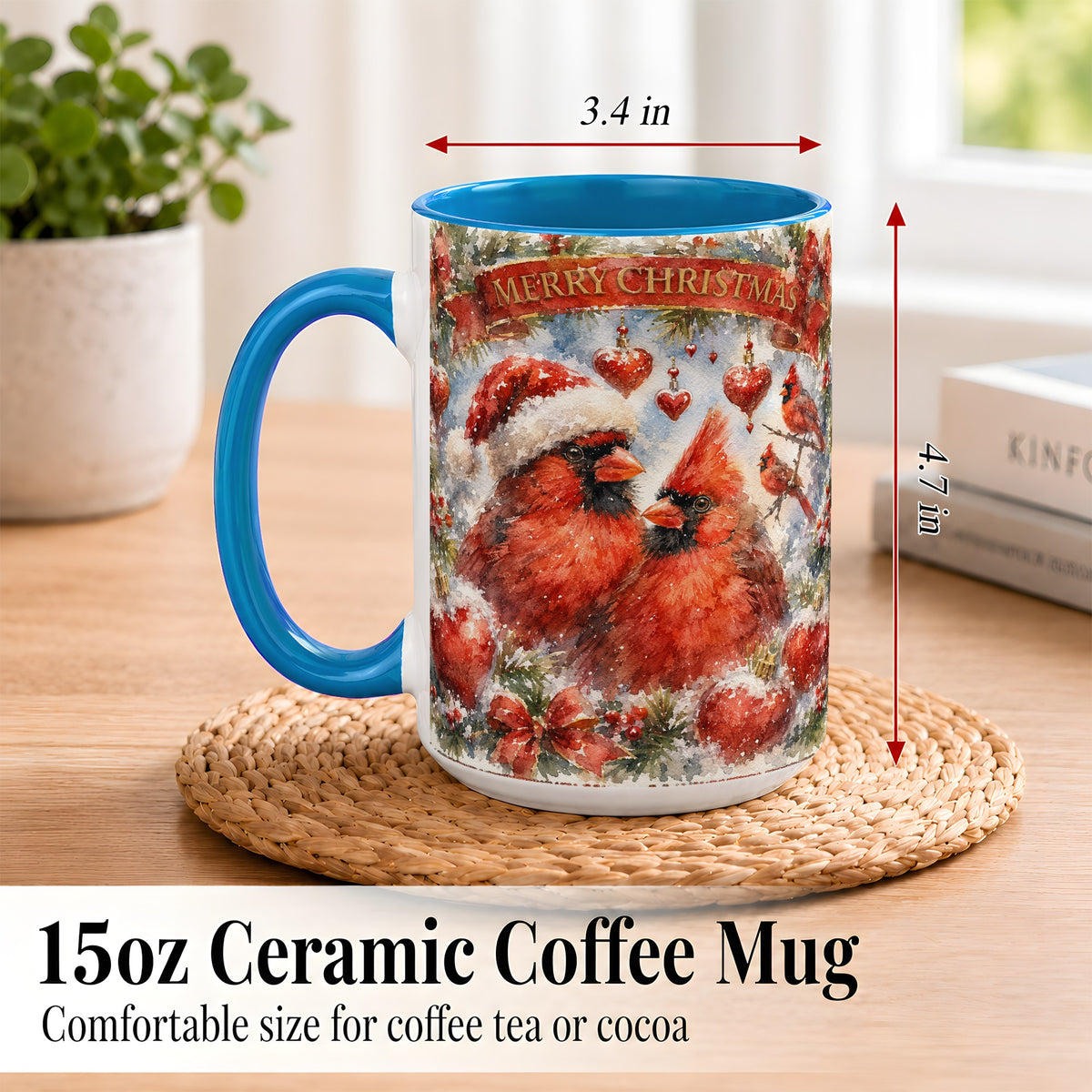 #pl[15oz|Blue] Christmas Cardinals Coffee Mug, Winter Bird Mug, Ceramic Cup