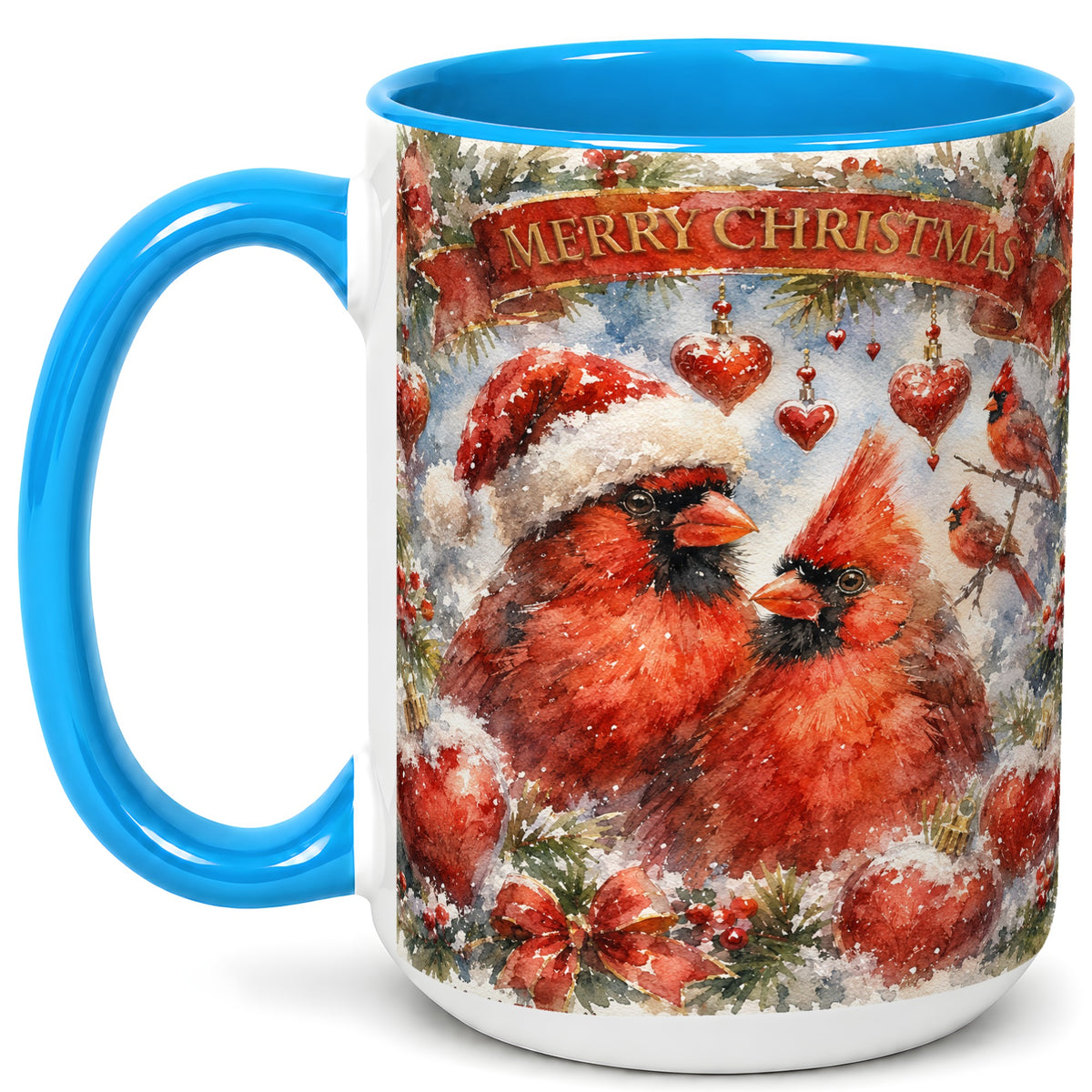 #pl[15oz|Blue] Christmas Cardinals Coffee Mug, Winter Bird Mug, Ceramic Cup