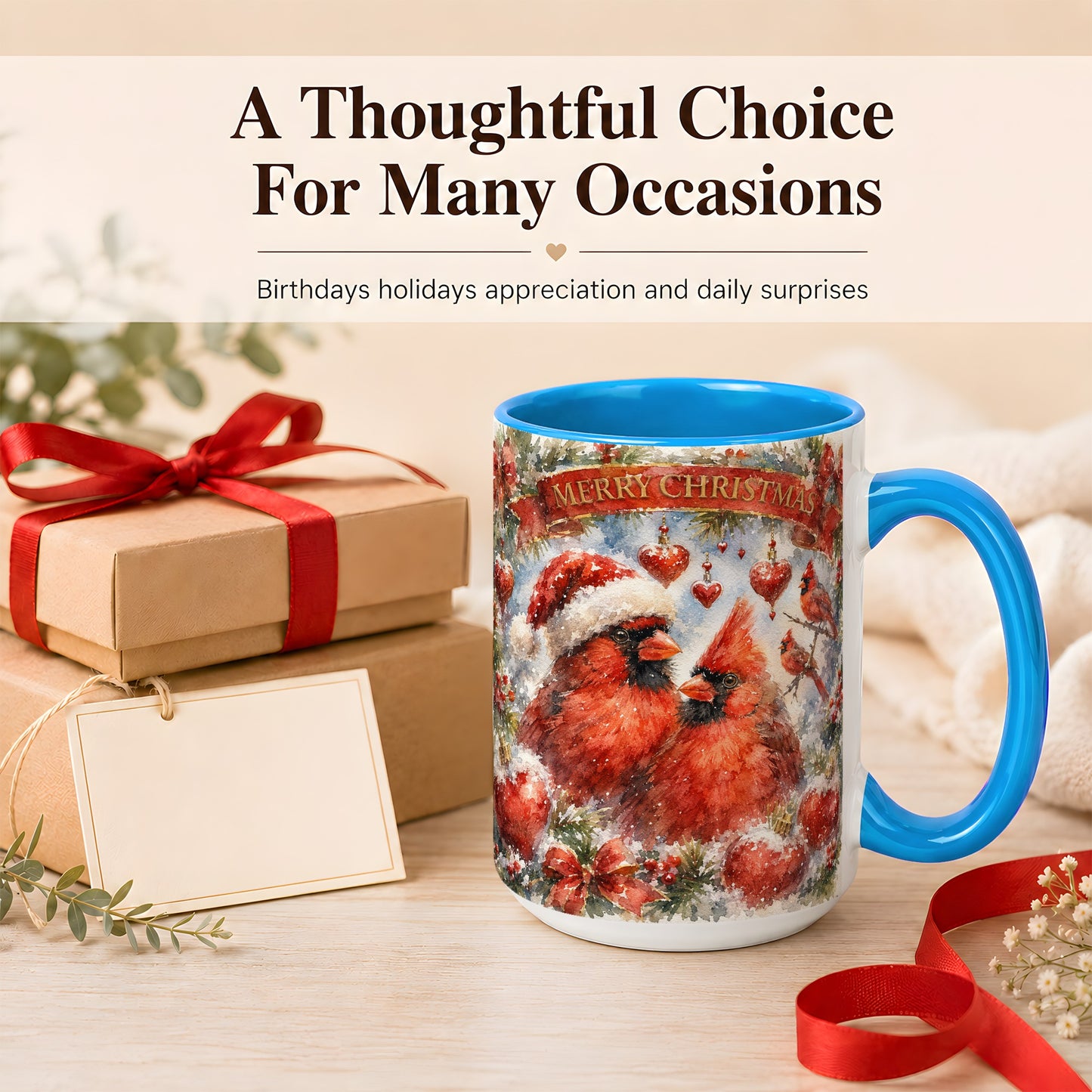 #pl[15oz|Blue] Christmas Cardinals Coffee Mug, Winter Bird Mug, Ceramic Cup