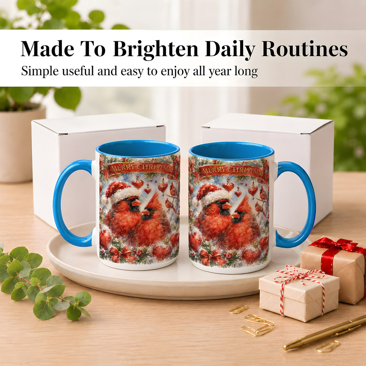 #pl[15oz|Blue] Christmas Cardinals Coffee Mug, Winter Bird Mug, Ceramic Cup