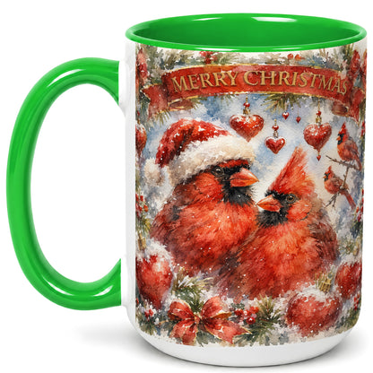 #pl[15oz|Green] Christmas Cardinals Coffee Mug, Winter Bird Mug, Ceramic Cup