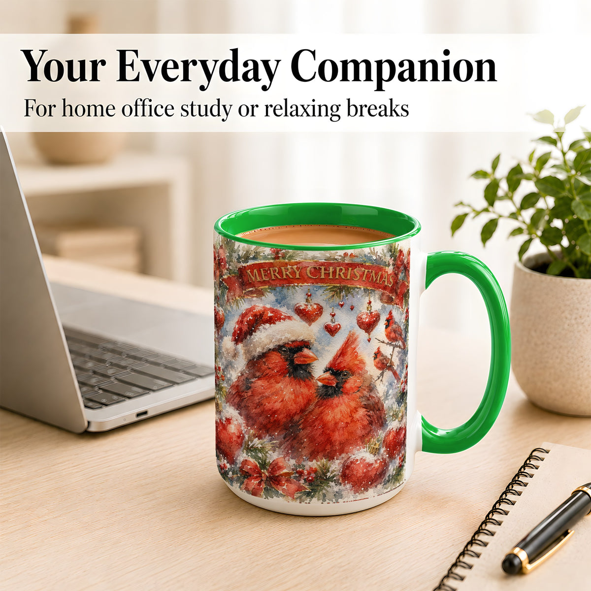 #pl[15oz|Green] Christmas Cardinals Coffee Mug, Winter Bird Mug, Ceramic Cup