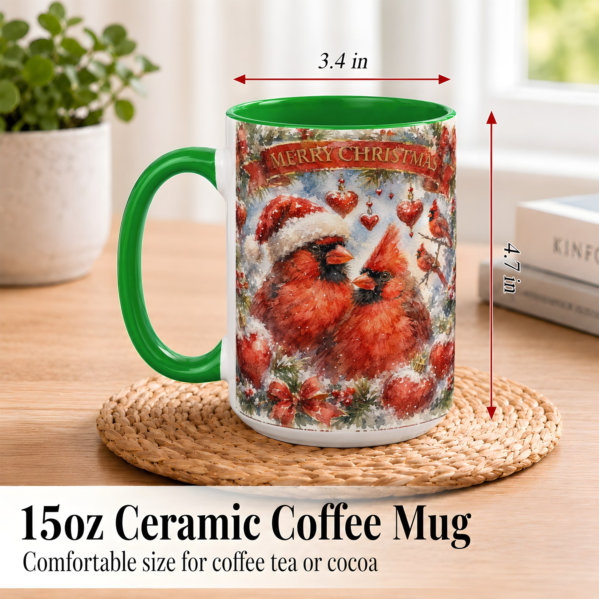 #pl[15oz|Green] Christmas Cardinals Coffee Mug, Winter Bird Mug, Ceramic Cup