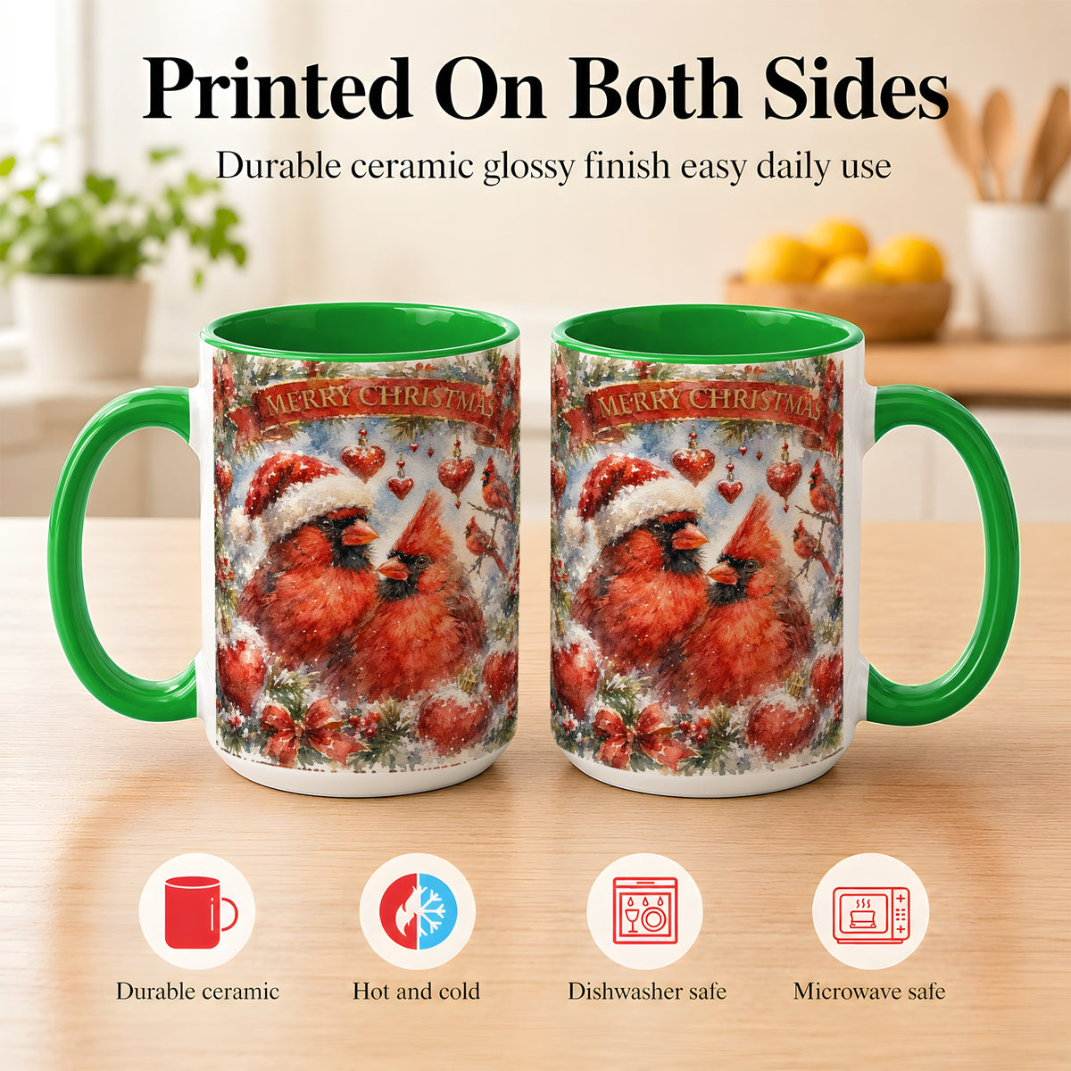 #pl[15oz|Green] Christmas Cardinals Coffee Mug, Winter Bird Mug, Ceramic Cup