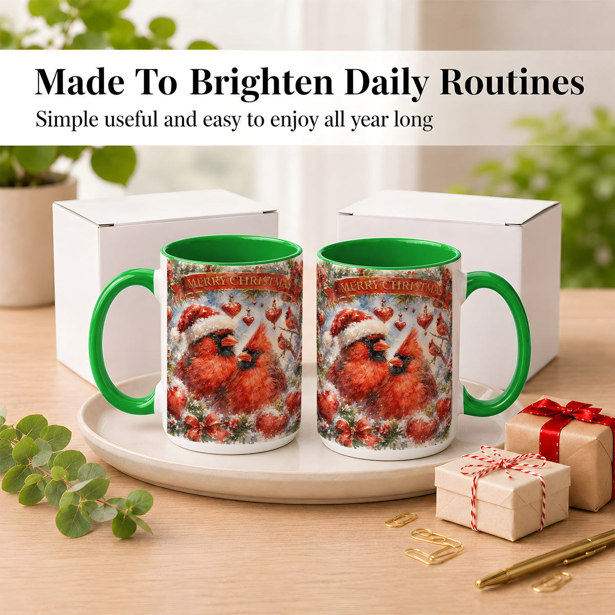 #pl[15oz|Green] Christmas Cardinals Coffee Mug, Winter Bird Mug, Ceramic Cup