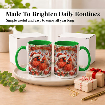 #pl[15oz|Green] Christmas Cardinals Coffee Mug, Winter Bird Mug, Ceramic Cup
