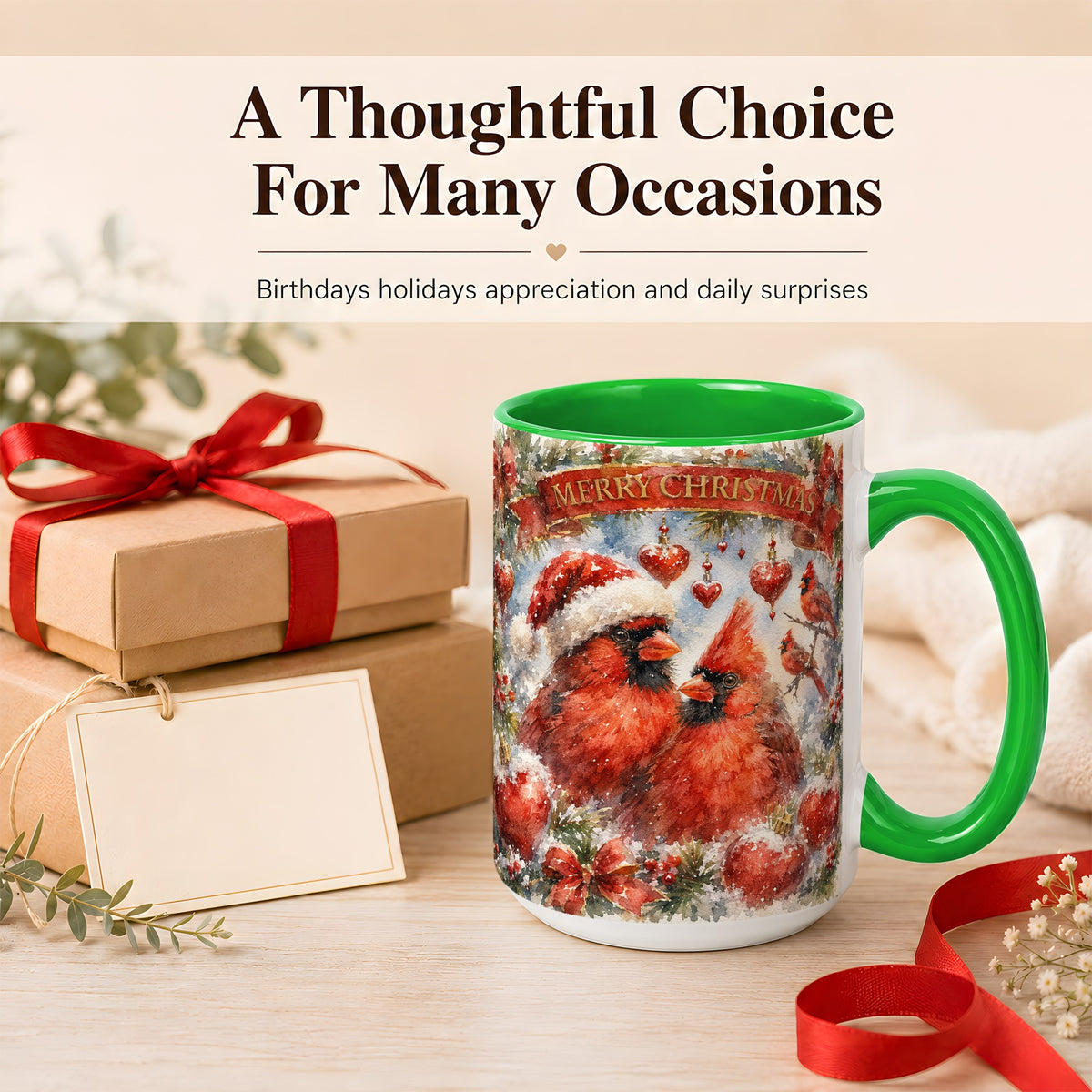 #pl[15oz|Green] Christmas Cardinals Coffee Mug, Winter Bird Mug, Ceramic Cup