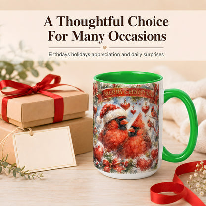#pl[15oz|Green] Christmas Cardinals Coffee Mug, Winter Bird Mug, Ceramic Cup