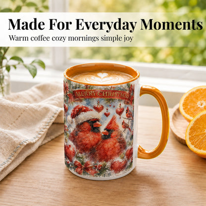 #pl[15oz|Orange] Christmas Cardinals Coffee Mug, Winter Bird Mug, Ceramic Cup