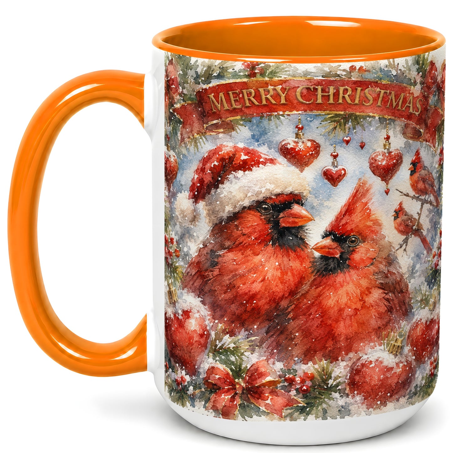 #pl[15oz|Orange] Christmas Cardinals Coffee Mug, Winter Bird Mug, Ceramic Cup