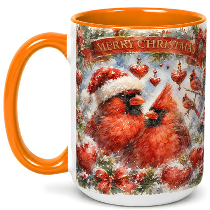 #pl[15oz|Orange] Christmas Cardinals Coffee Mug, Winter Bird Mug, Ceramic Cup