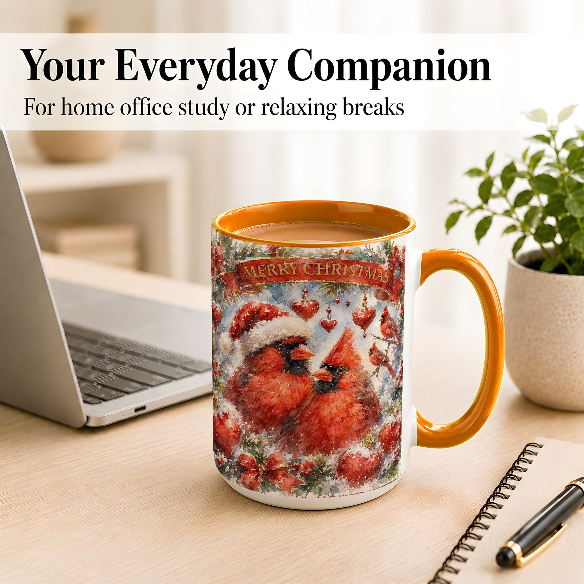 #pl[15oz|Orange] Christmas Cardinals Coffee Mug, Winter Bird Mug, Ceramic Cup