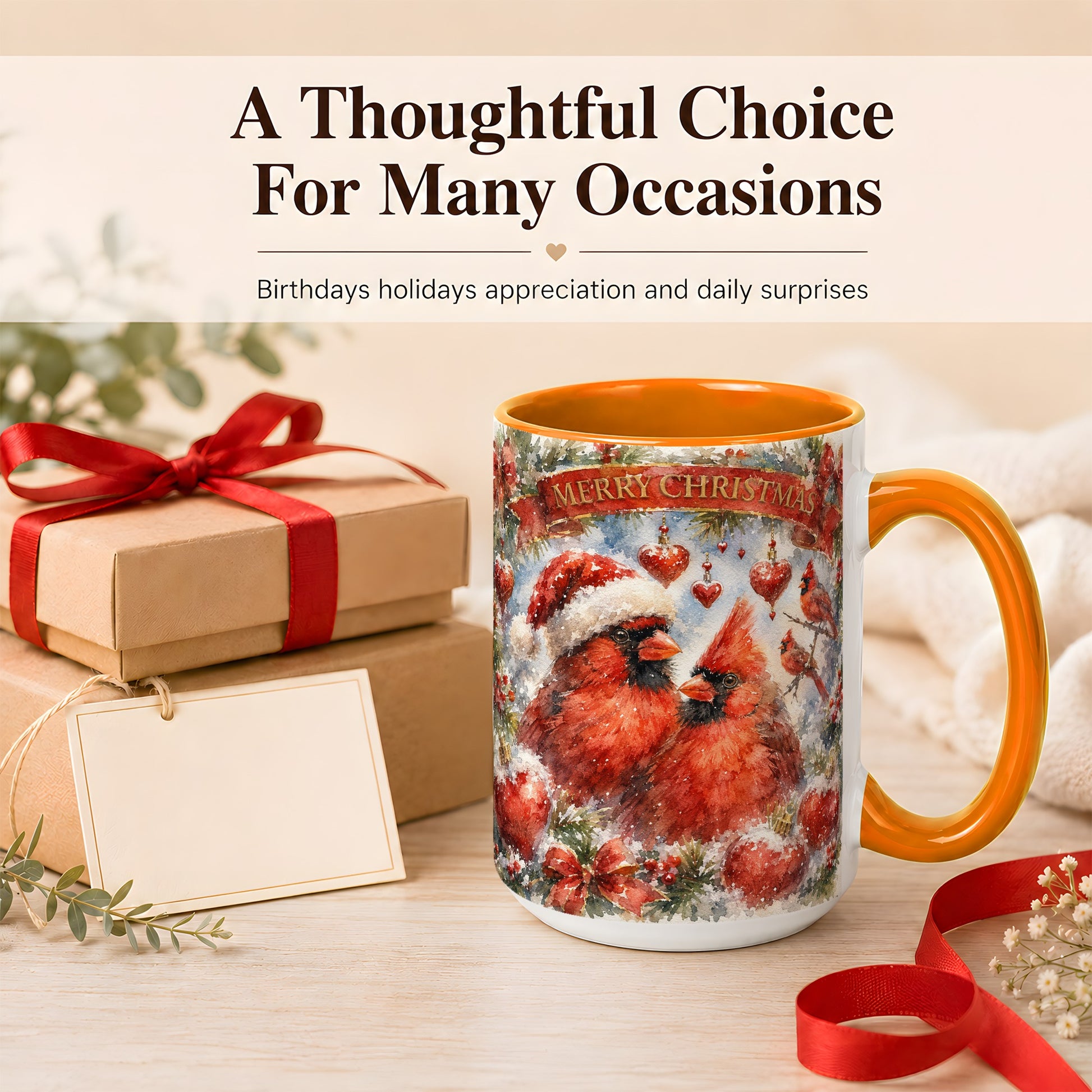 #pl[15oz|Orange] Christmas Cardinals Coffee Mug, Winter Bird Mug, Ceramic Cup
