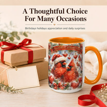#pl[15oz|Orange] Christmas Cardinals Coffee Mug, Winter Bird Mug, Ceramic Cup