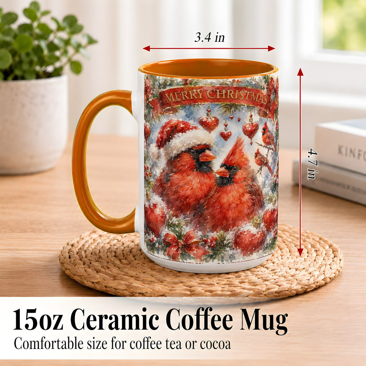 #pl[15oz|Orange] Christmas Cardinals Coffee Mug, Winter Bird Mug, Ceramic Cup