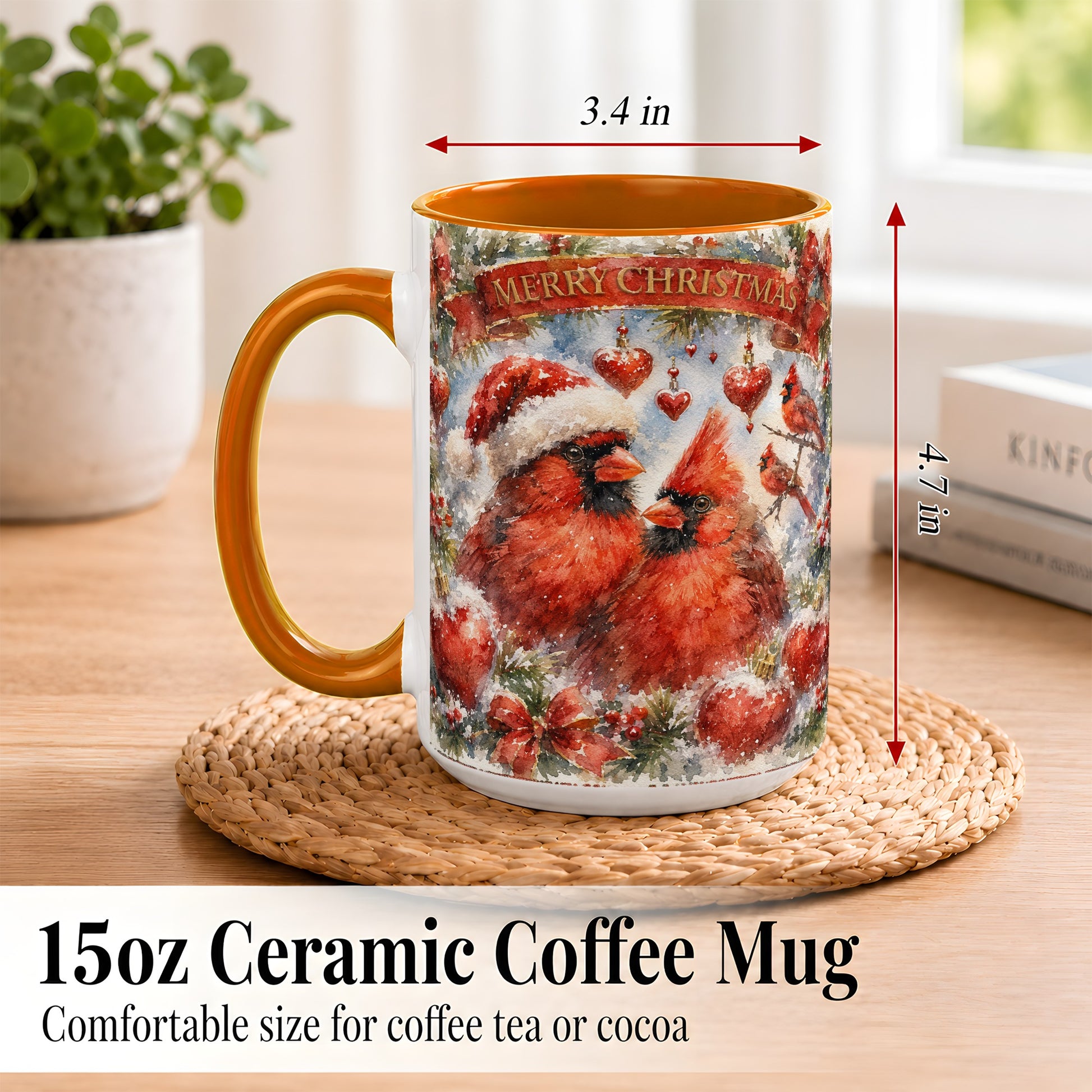 #pl[15oz|Orange] Christmas Cardinals Coffee Mug, Winter Bird Mug, Ceramic Cup
