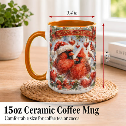 #pl[15oz|Orange] Christmas Cardinals Coffee Mug, Winter Bird Mug, Ceramic Cup