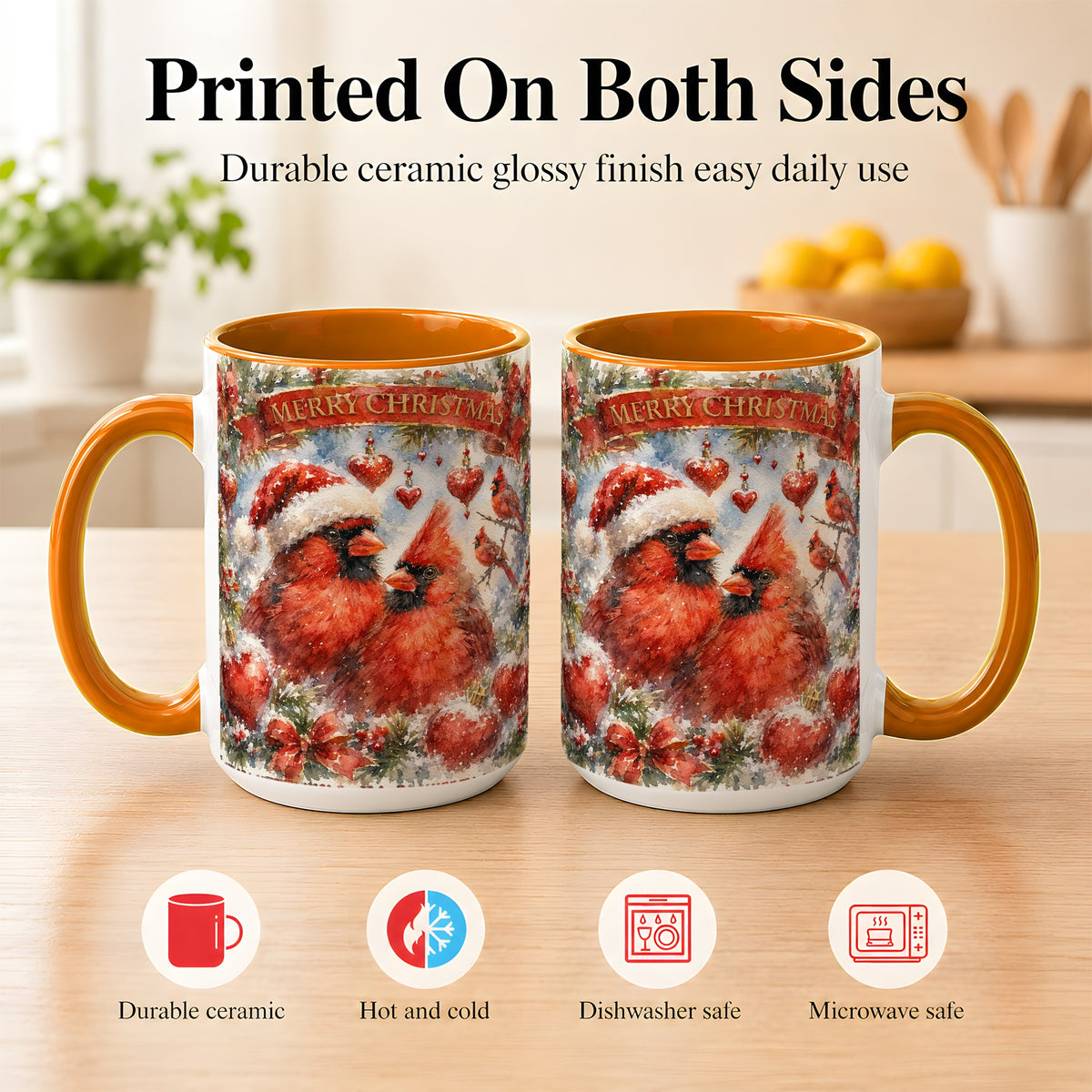 #pl[15oz|Orange] Christmas Cardinals Coffee Mug, Winter Bird Mug, Ceramic Cup