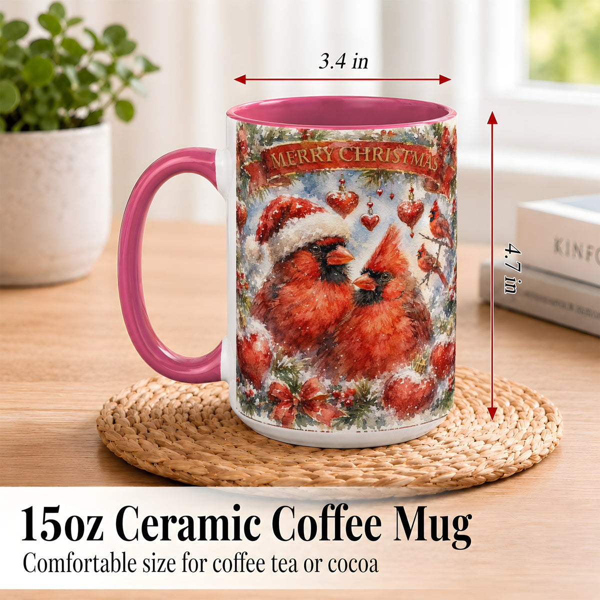 #pl[15oz|Pink] Christmas Cardinals Coffee Mug, Winter Bird Mug, Ceramic Cup