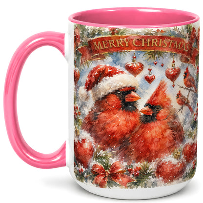 #pl[15oz|Pink] Christmas Cardinals Coffee Mug, Winter Bird Mug, Ceramic Cup