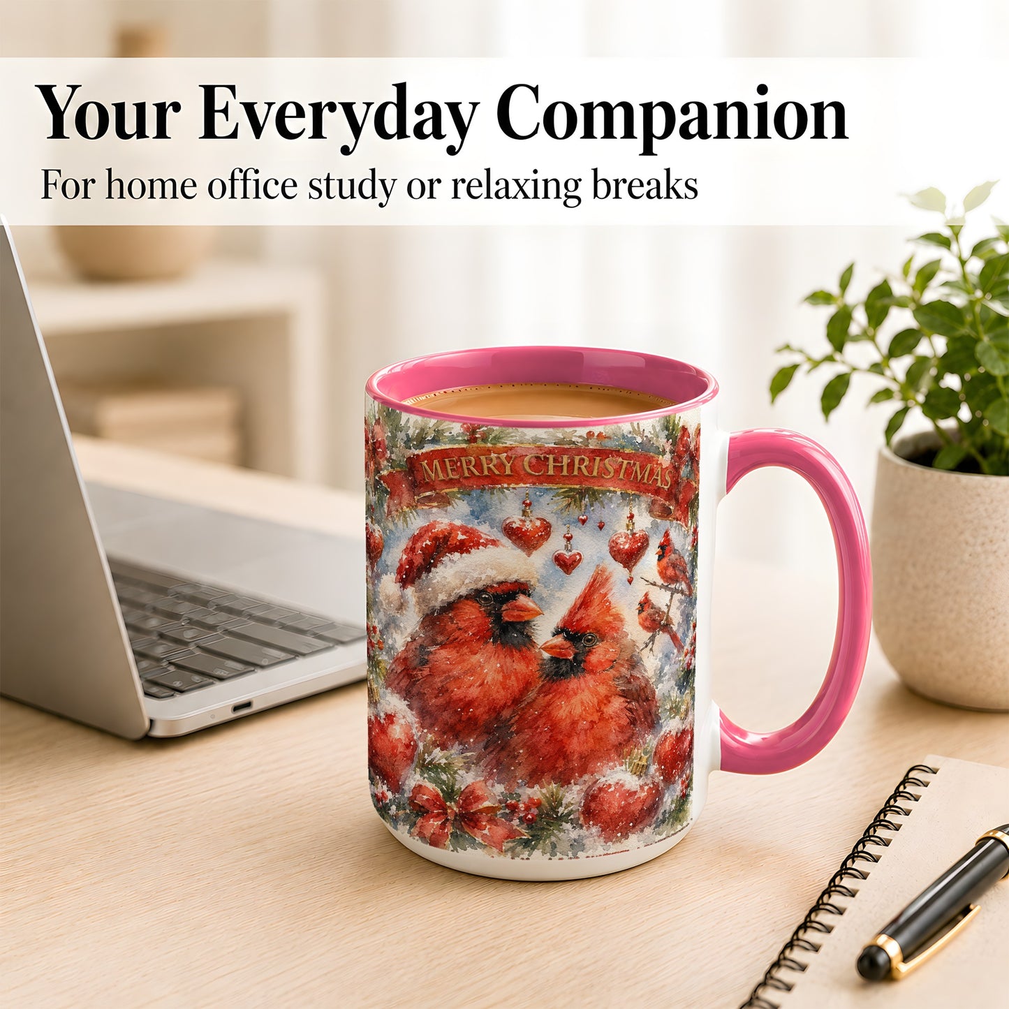 #pl[15oz|Pink] Christmas Cardinals Coffee Mug, Winter Bird Mug, Ceramic Cup