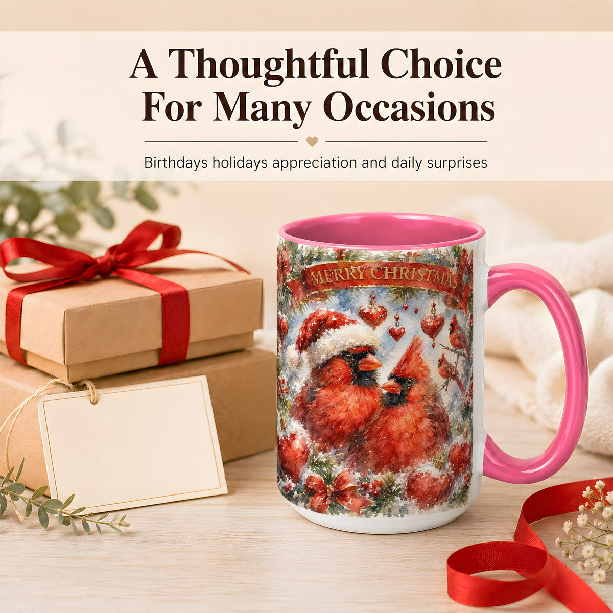 #pl[15oz|Pink] Christmas Cardinals Coffee Mug, Winter Bird Mug, Ceramic Cup