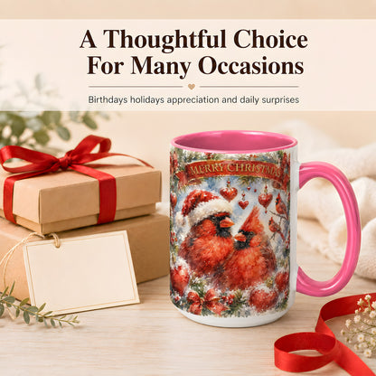 #pl[15oz|Pink] Christmas Cardinals Coffee Mug, Winter Bird Mug, Ceramic Cup