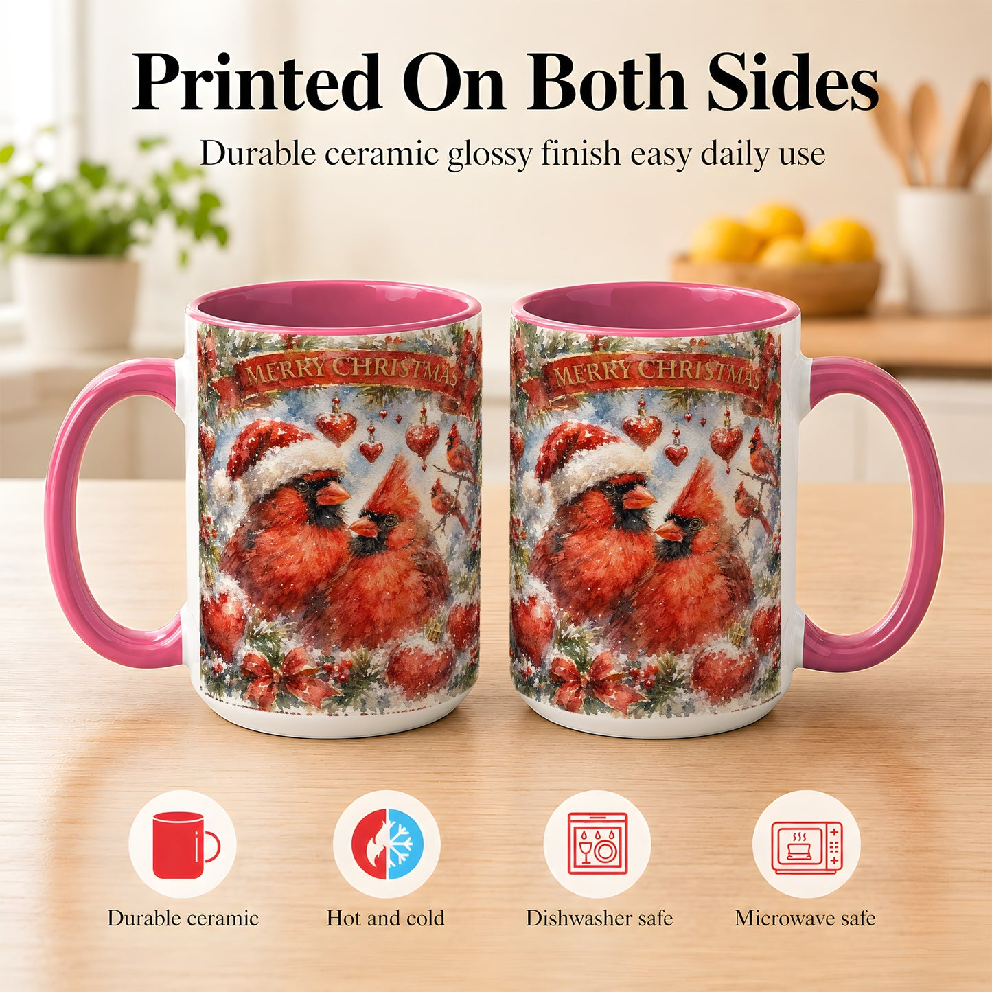 #pl[15oz|Pink] Christmas Cardinals Coffee Mug, Winter Bird Mug, Ceramic Cup