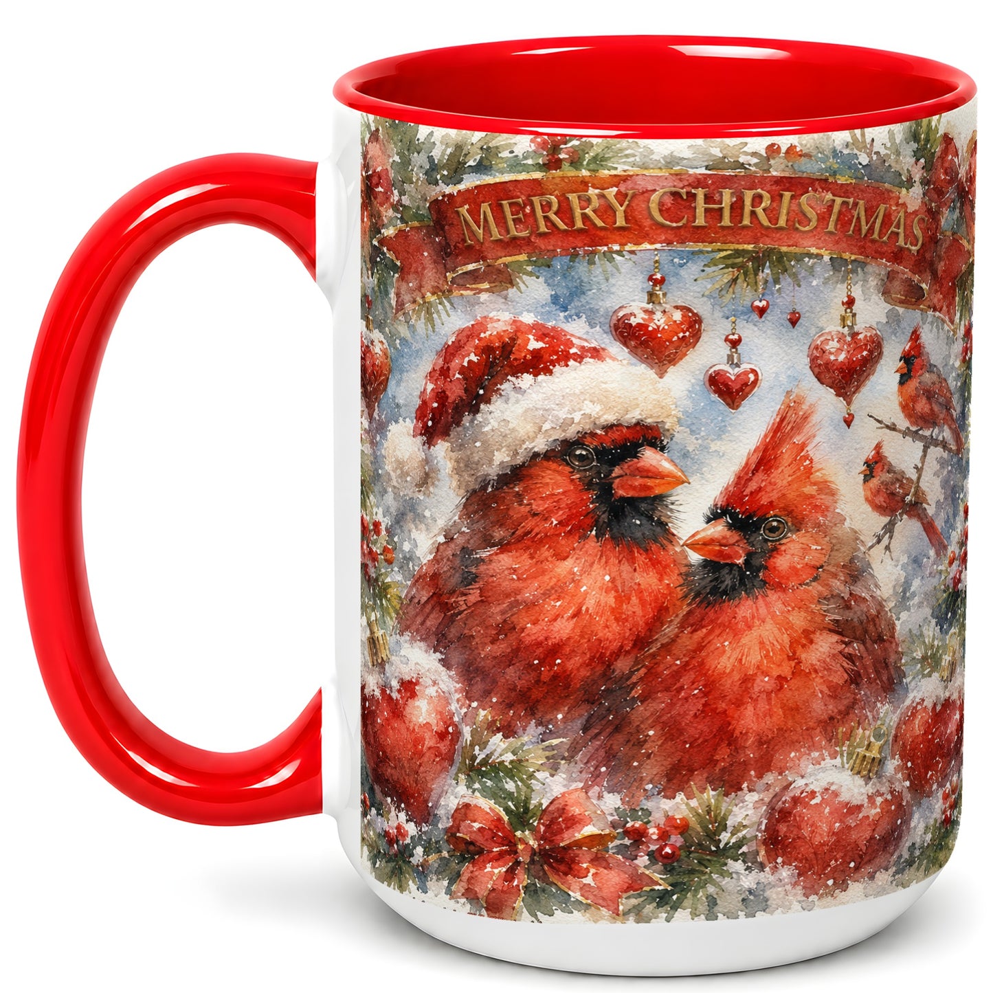 #pl[15oz|Red] Christmas Cardinals Coffee Mug, Winter Bird Mug, Ceramic Cup