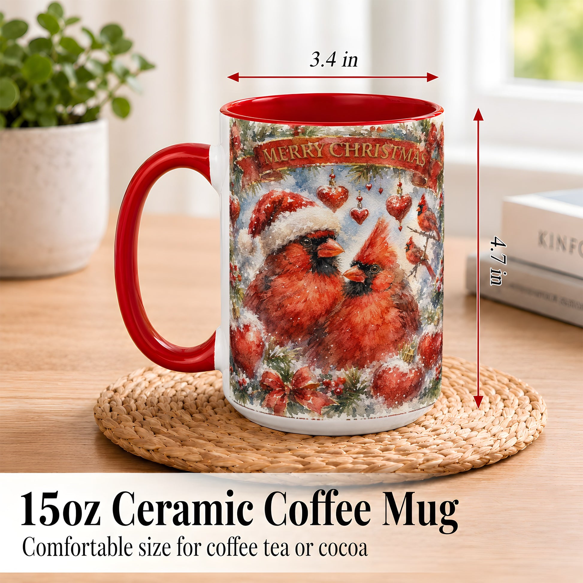 #pl[15oz|Red] Christmas Cardinals Coffee Mug, Winter Bird Mug, Ceramic Cup