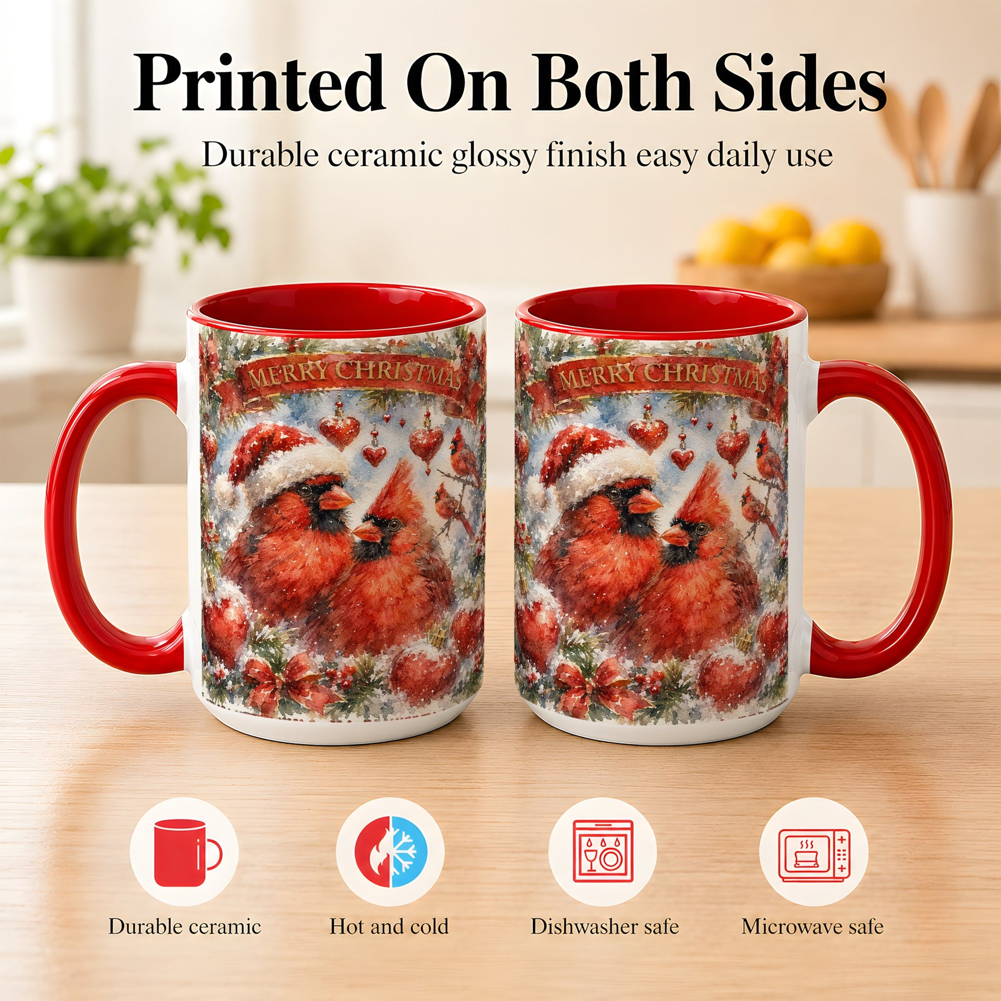 #pl[15oz|Red] Christmas Cardinals Coffee Mug, Winter Bird Mug, Ceramic Cup