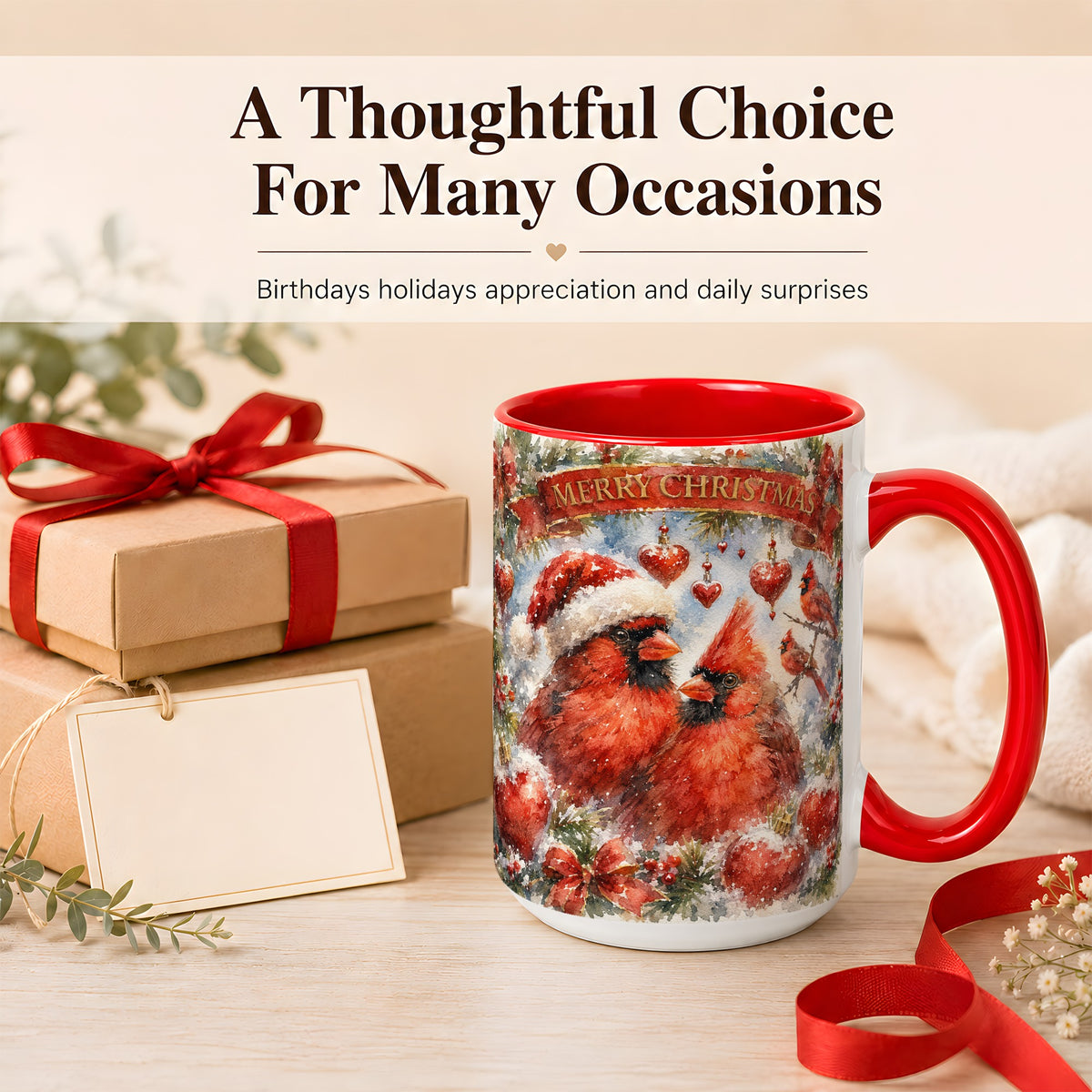 #pl[15oz|Red] Christmas Cardinals Coffee Mug, Winter Bird Mug, Ceramic Cup