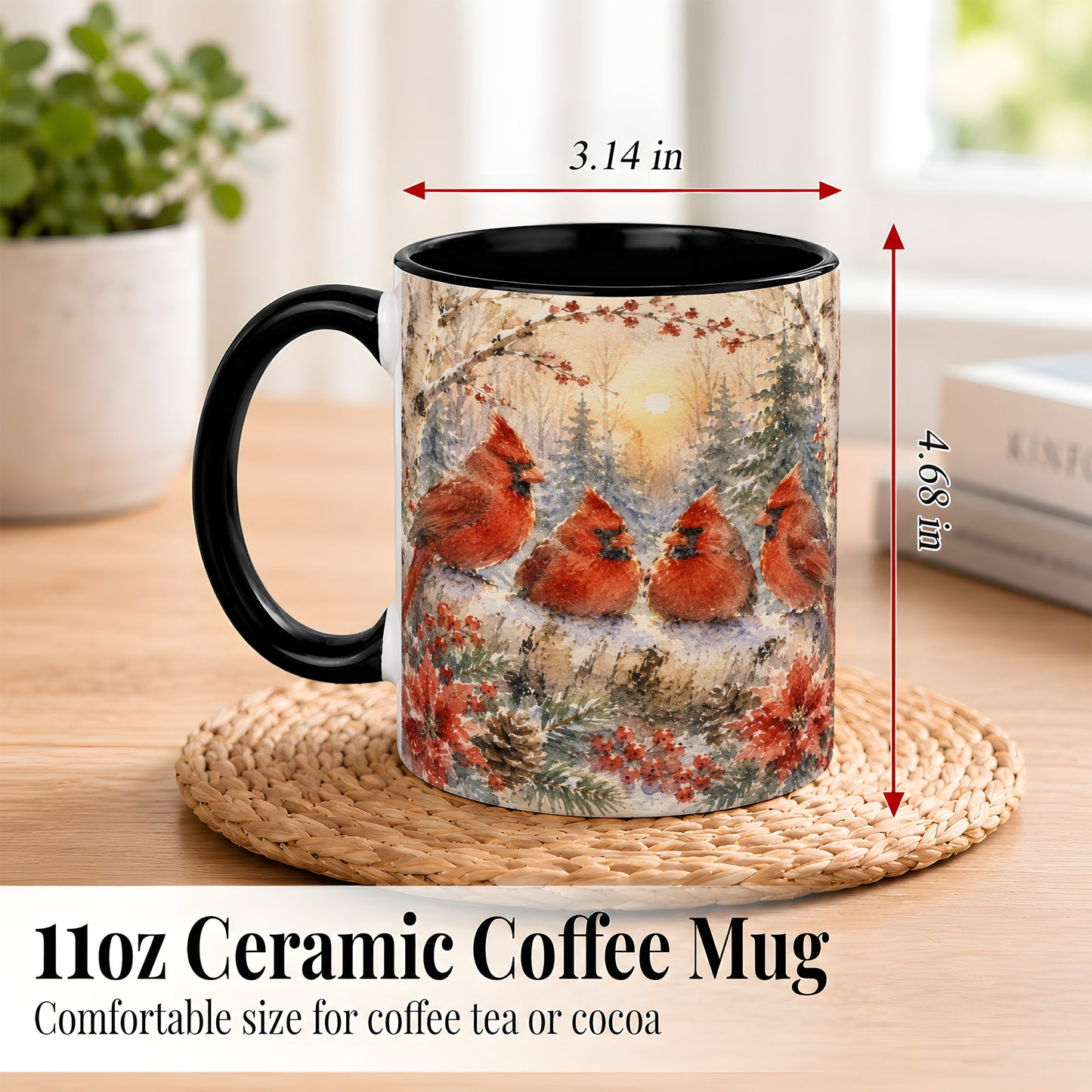 #pl[11oz|Black] Winter Cardinal Family Coffee Mug, Snowy Red Bird Mug, Ceramic Cup