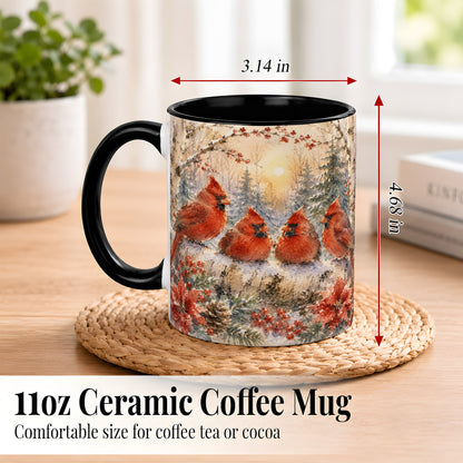 #pl[11oz|Black] Winter Cardinal Family Coffee Mug, Snowy Red Bird Mug, Ceramic Cup