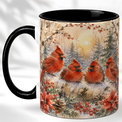 #pl[11oz|Black] Winter Cardinal Family Coffee Mug, Snowy Red Bird Mug, Ceramic Cup