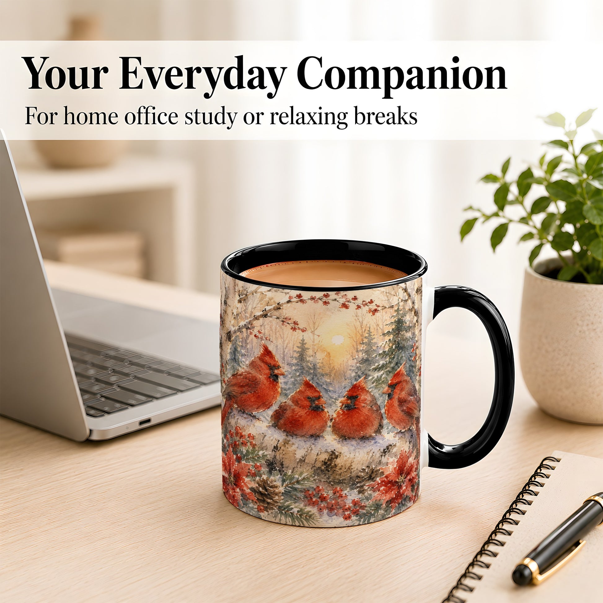 #pl[11oz|Black] Winter Cardinal Family Coffee Mug, Snowy Red Bird Mug, Ceramic Cup