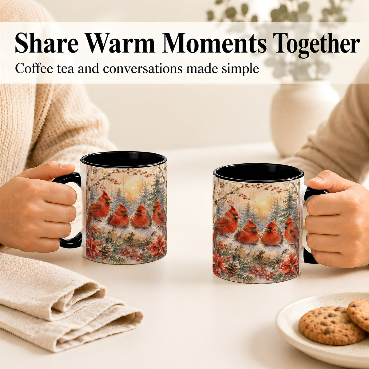 #pl[11oz|Black] Winter Cardinal Family Coffee Mug, Snowy Red Bird Mug, Ceramic Cup