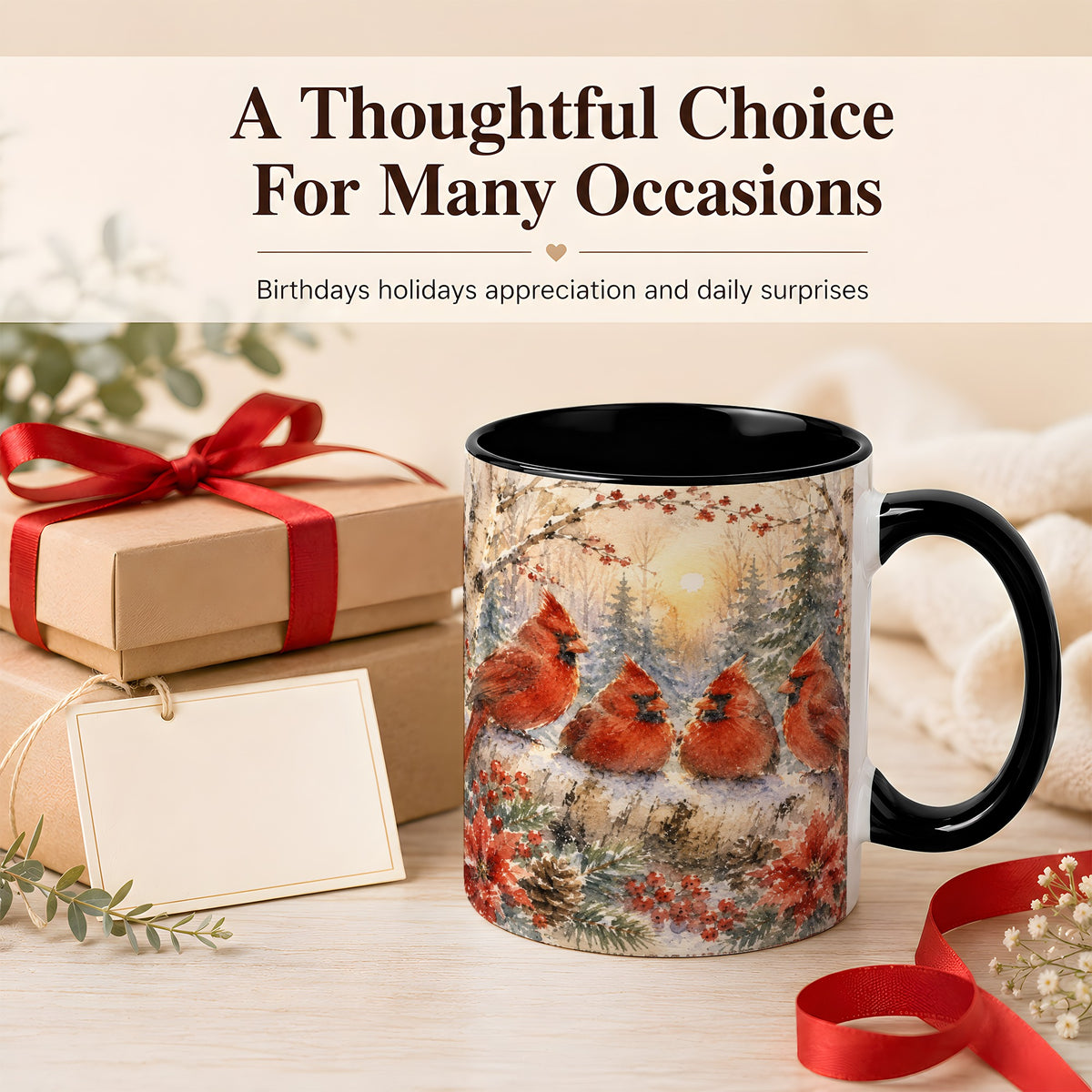 #pl[11oz|Black] Winter Cardinal Family Coffee Mug, Snowy Red Bird Mug, Ceramic Cup
