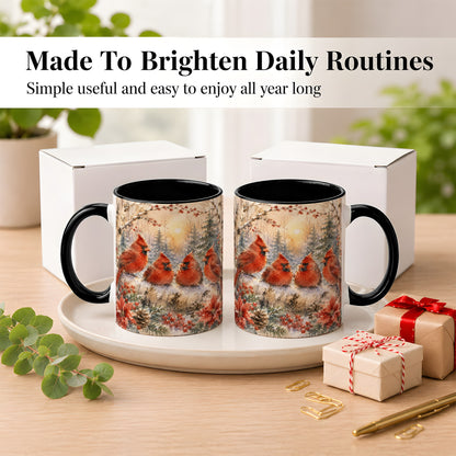 #pl[11oz|Black] Winter Cardinal Family Coffee Mug, Snowy Red Bird Mug, Ceramic Cup