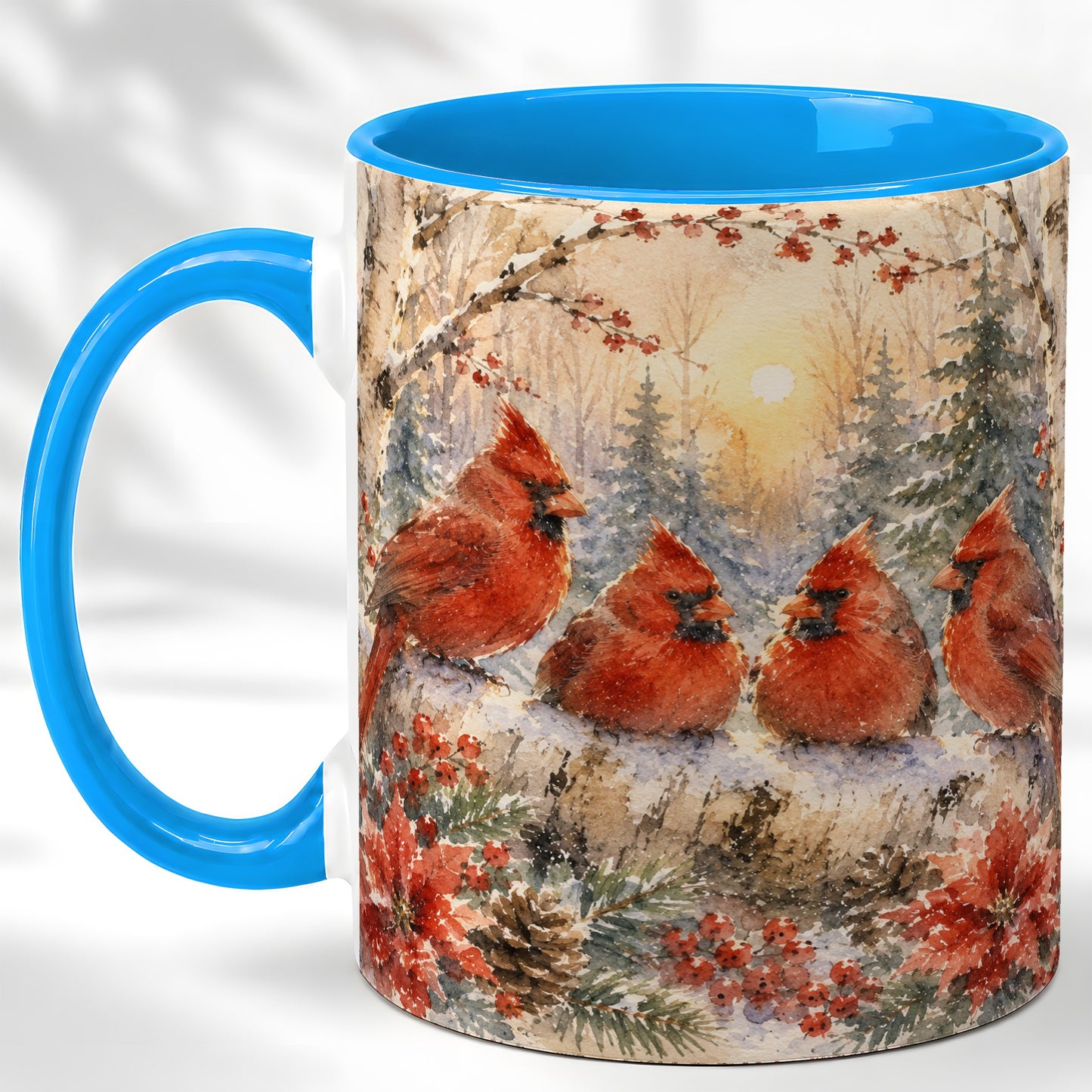 #pl[11oz|Blue] Winter Cardinal Family Coffee Mug, Snowy Red Bird Mug, Ceramic Cup
