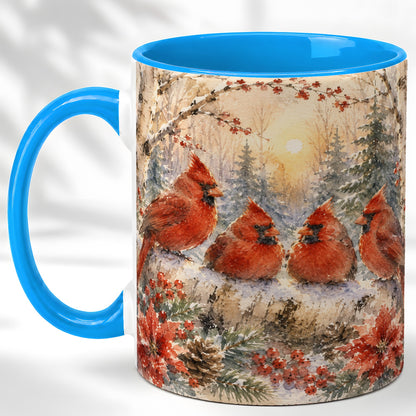 #pl[11oz|Blue] Winter Cardinal Family Coffee Mug, Snowy Red Bird Mug, Ceramic Cup
