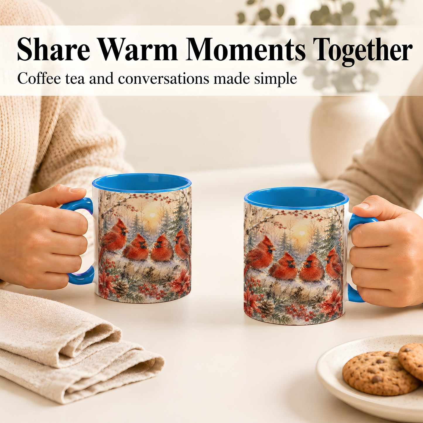 #pl[11oz|Blue] Winter Cardinal Family Coffee Mug, Snowy Red Bird Mug, Ceramic Cup