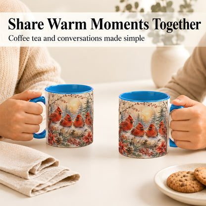 #pl[11oz|Blue] Winter Cardinal Family Coffee Mug, Snowy Red Bird Mug, Ceramic Cup