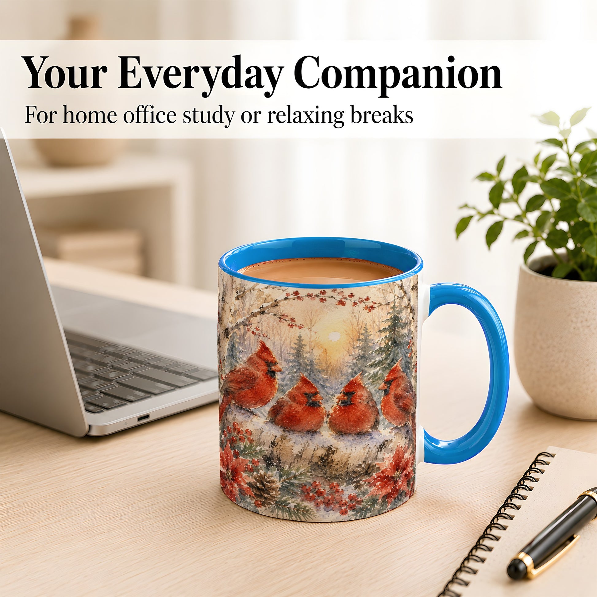 #pl[11oz|Blue] Winter Cardinal Family Coffee Mug, Snowy Red Bird Mug, Ceramic Cup