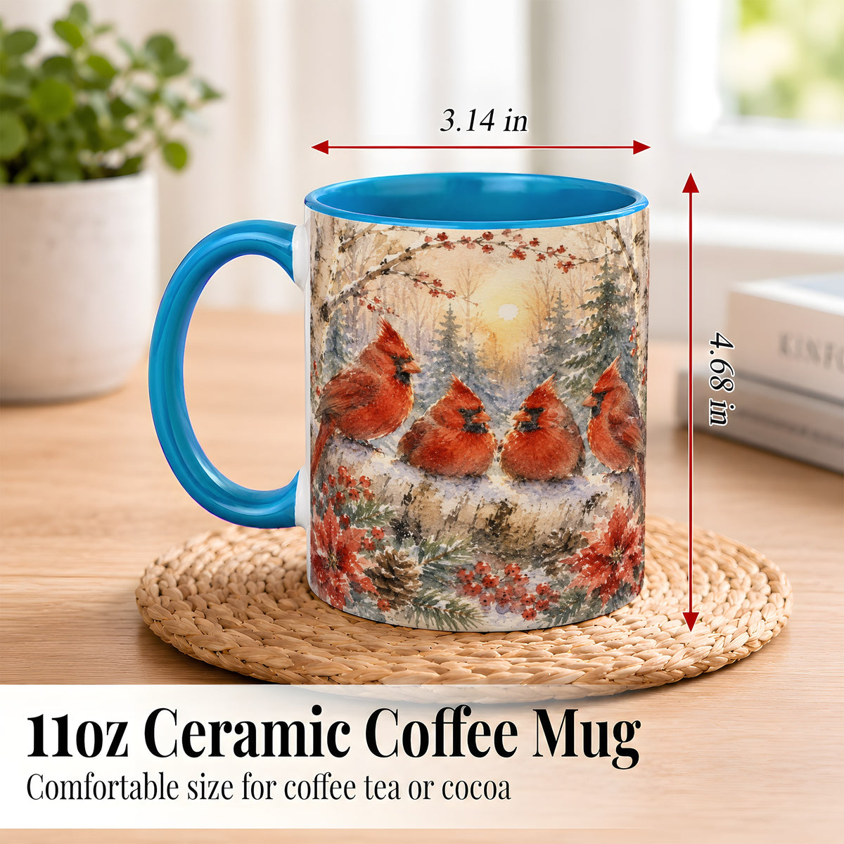 #pl[11oz|Blue] Winter Cardinal Family Coffee Mug, Snowy Red Bird Mug, Ceramic Cup