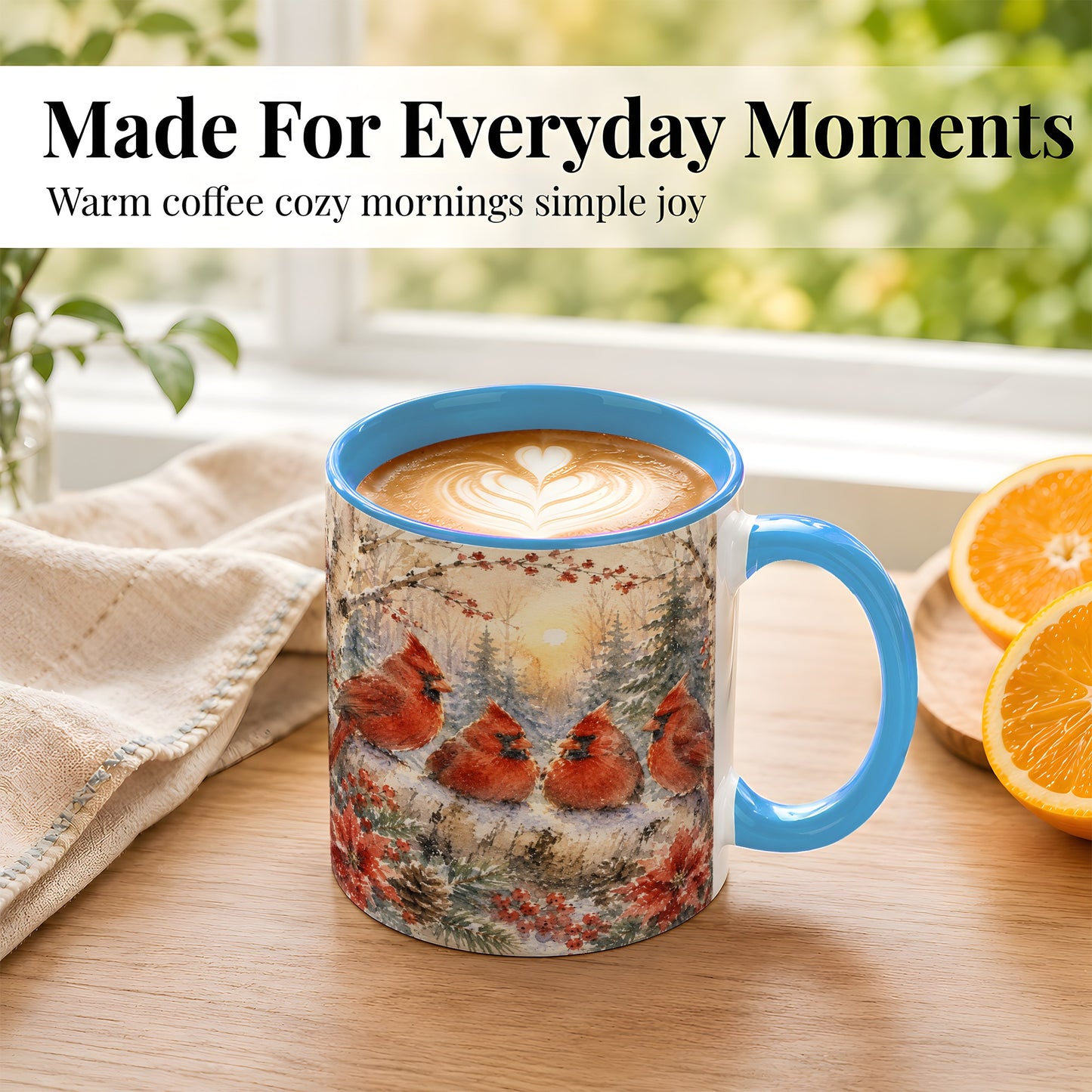 #pl[11oz|Blue] Winter Cardinal Family Coffee Mug, Snowy Red Bird Mug, Ceramic Cup