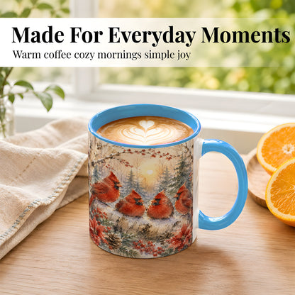 #pl[11oz|Blue] Winter Cardinal Family Coffee Mug, Snowy Red Bird Mug, Ceramic Cup