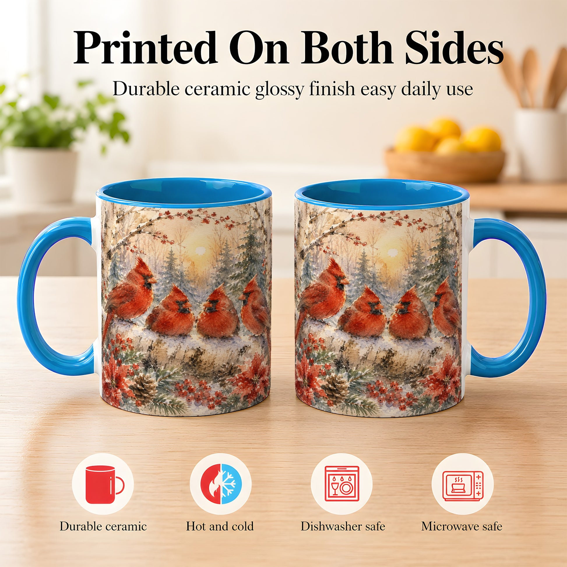 #pl[11oz|Blue] Winter Cardinal Family Coffee Mug, Snowy Red Bird Mug, Ceramic Cup