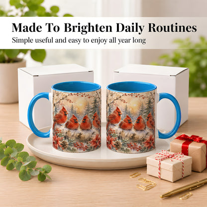 #pl[11oz|Blue] Winter Cardinal Family Coffee Mug, Snowy Red Bird Mug, Ceramic Cup