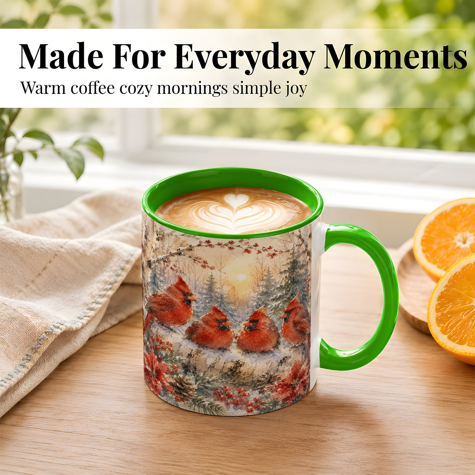 #pl[11oz|Green] Winter Cardinal Family Coffee Mug, Snowy Red Bird Mug, Ceramic Cup